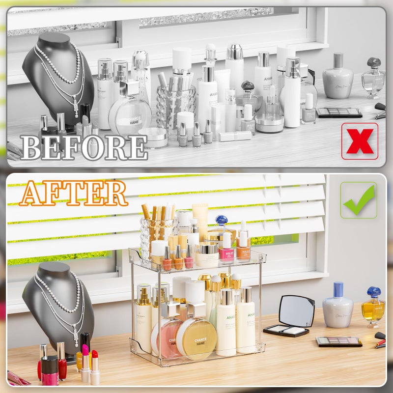Yieach 2 Tier Bathroom Counter Organizer Tiered Bathroom Organizer for Makeup Perfume Beauty Products Skincare Organizers Shelf Vanity Storage Tray for Bedroom Spice Racks for Kitchen Corner Rectangle - Image 3
